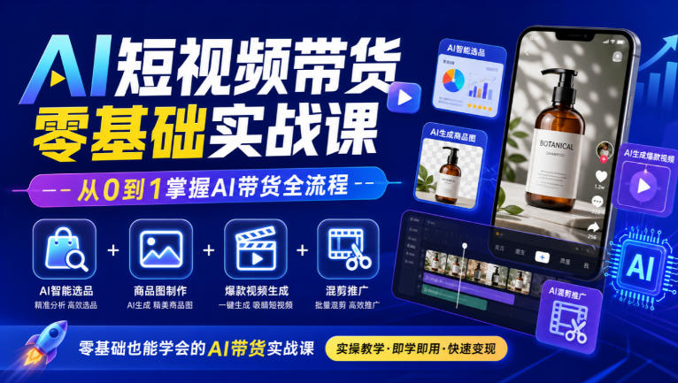 AI短视频带货零基础实战课｜AI智能选品+商品图制作+爆款视频生成+混剪推广，从0到1掌握AI带货全流程-heixxmi