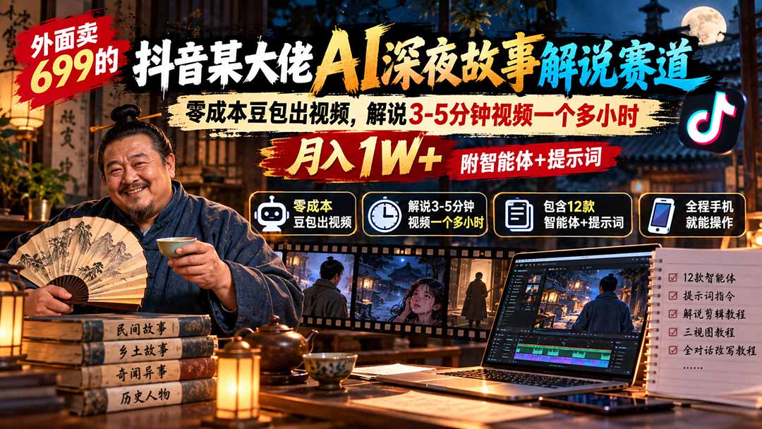 外面卖699抖音某大佬AI深夜故事解说赛道-更新：0成本豆包出视频+解说3-5分钟视频一个多小时，月入1W+附智能体+提示词-heixxmi