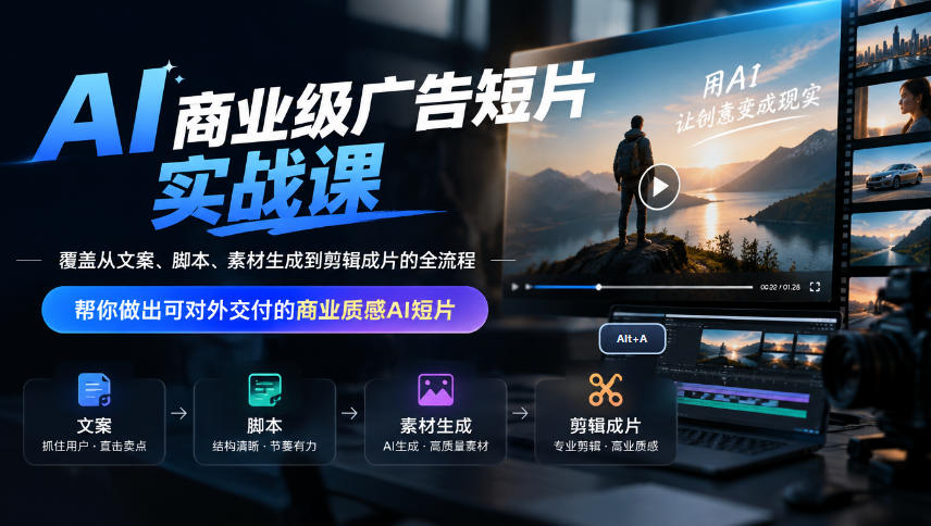 AI商业级广告短片实战课，覆盖从文案、脚本、素材生成到剪辑成片的全流程，帮你做出可对外交付的商业质感AI短片-heixxmi