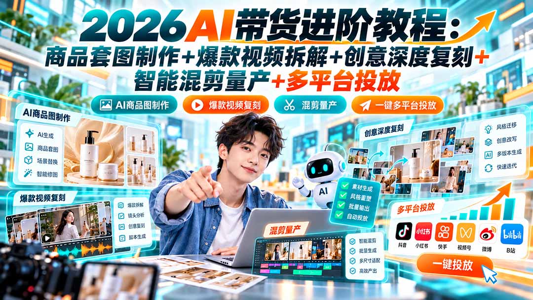 2026AI带货进阶教程：商品套图制作+爆款视频拆解+创意深度复刻+智能混剪量产+多平台投放-heixxmi