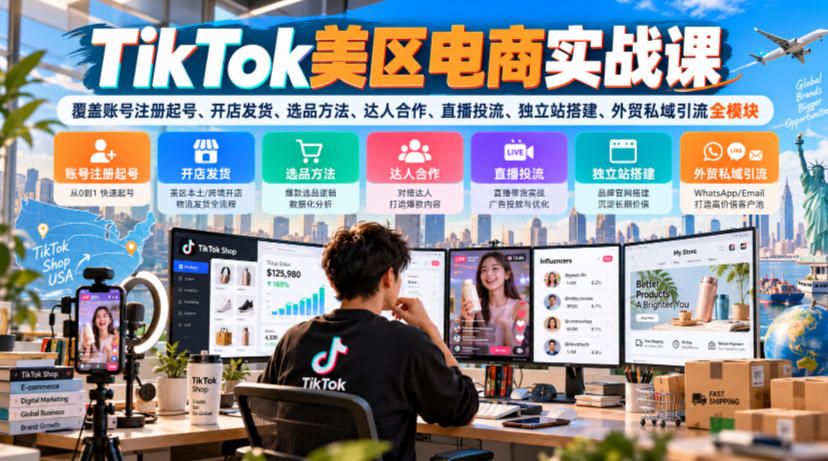TikTok美区电商实战课，覆盖账号注册起号、开店发货、选品方法、达人合作、直播投流、独立站搭建、外贸私域引流全模块-heixxmi