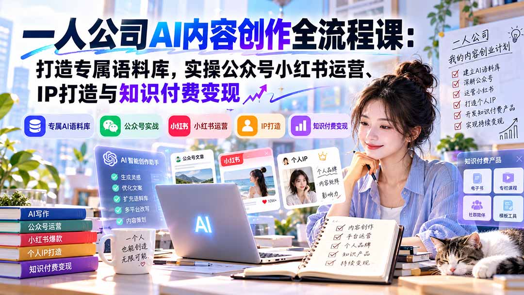 一人公司AI内容创作全流程课：打造专属语料库，实操公众号小红书运营、IP打造与知识付费变现方法论-heixxmi