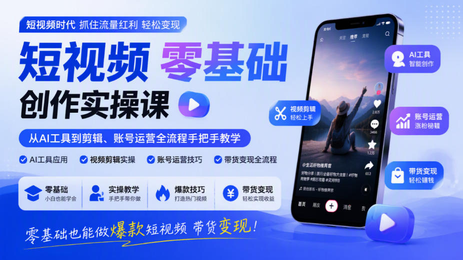 短视频零基础创作实操课，从AI工具到剪辑、账号运营全流程手把手教学，零基础也能做爆款短视频带货变现-heixxmi