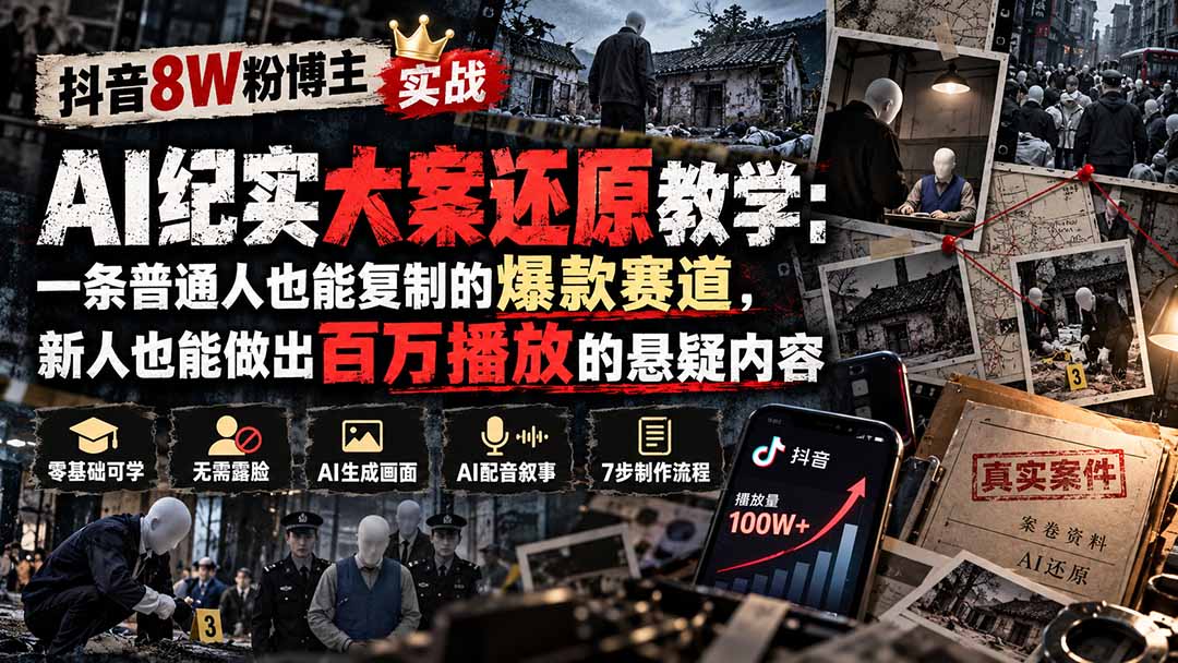 抖音8W粉博主AI纪实大案还原教学：一条普通人也能复制的爆款赛道，新人也能做出百万播放的悬疑内容-heixxmi