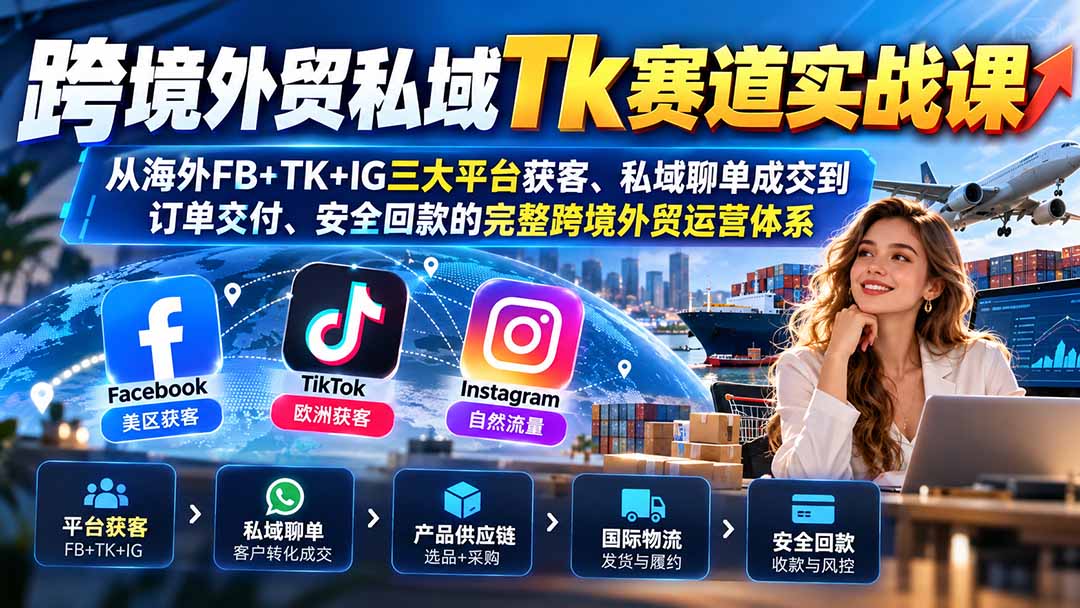 跨境外贸私域Tk赛道实战课：从海外FB+TK+IG三大平台获客、私域聊单成交到订单交付、安全回款的完整跨境外贸运营体系-heixxmi