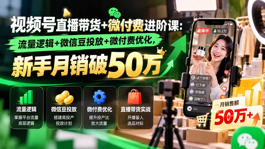 视频号直播带货+微付费进阶课-更新1010：流量逻辑+微信豆投放+微付费优化，新手月销破50万-heixxmi