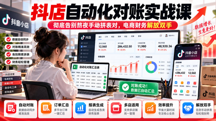 抖店自动化对账实战课，彻底告别熬夜手动拼表对，账电商财务解放双手-heixxmi