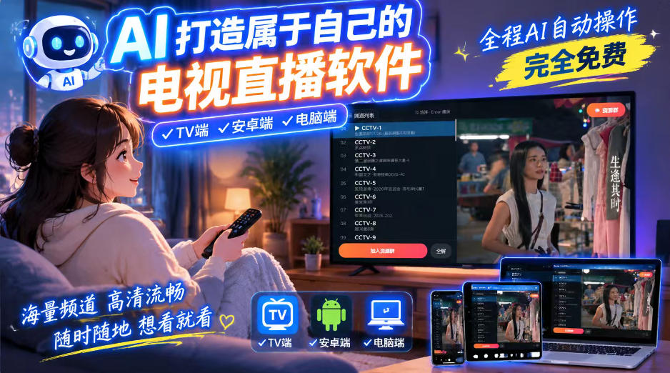 一个提示词，AI全自动做出电视直播软件，电脑、安卓、电视三端通用，完全免费，画质流畅不卡顿-heixxmi