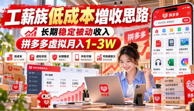 工薪族低成本增收思路,长期稳定被动收入,拼多多虚拟月入1-3W