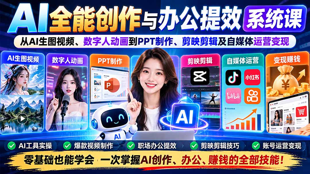 AI全能创作与办公提效系统课：从AI生图视频、数字人动画到PPT制作、剪映剪辑及自媒体运营变现-heixxmi