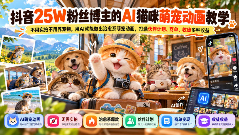 抖音25W粉丝博主的AI猫咪萌宠动画教学，不用实拍不用养宠物，用AI就能做出治愈系萌宠动画，打通伙伴计划、商单、收徒多种收益-heixxmi