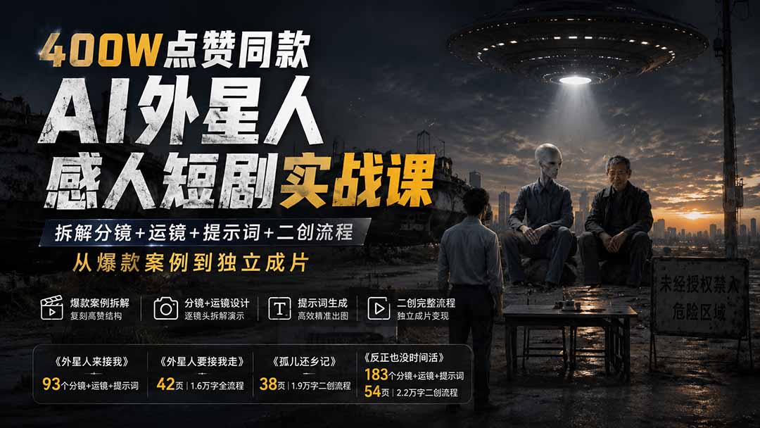 400W点赞同款AI外星人感人短剧实战课-更新1009：拆解分镜+运镜+提示词+二创流程，从爆款案例到独立成片-heixxmi