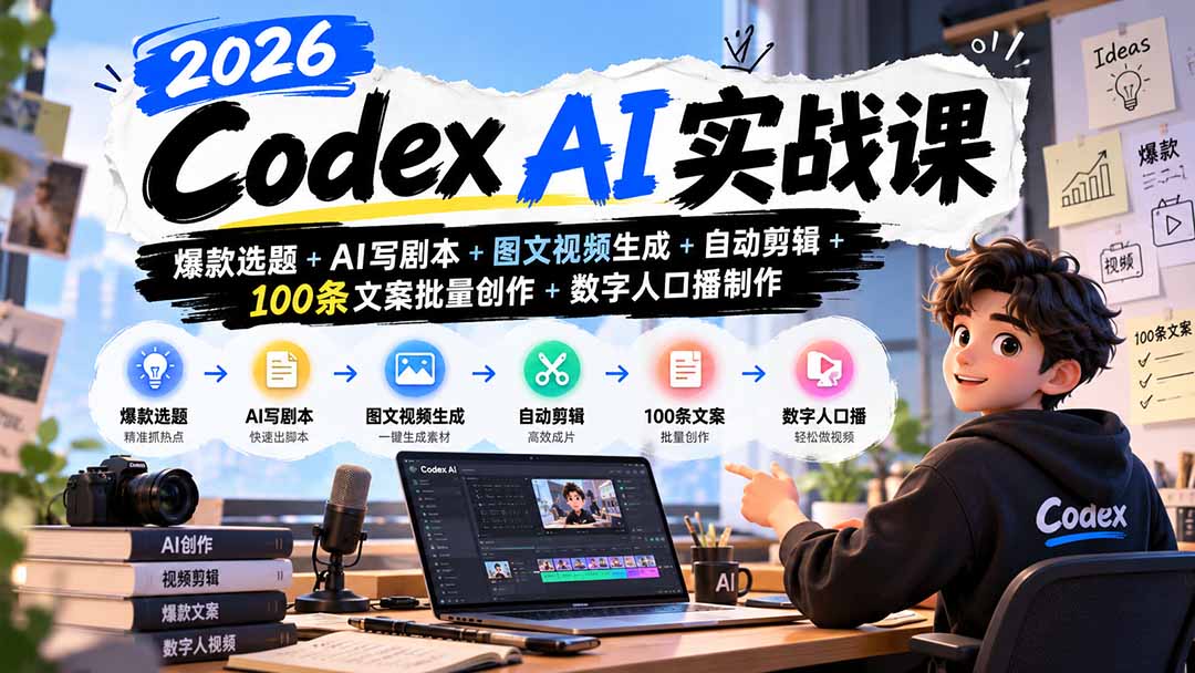 2026Codex AI实战课：爆款选题+AI写剧本+图文视频生成+自动剪辑+100条文案批量创作+数字人口播制作-heixxmi