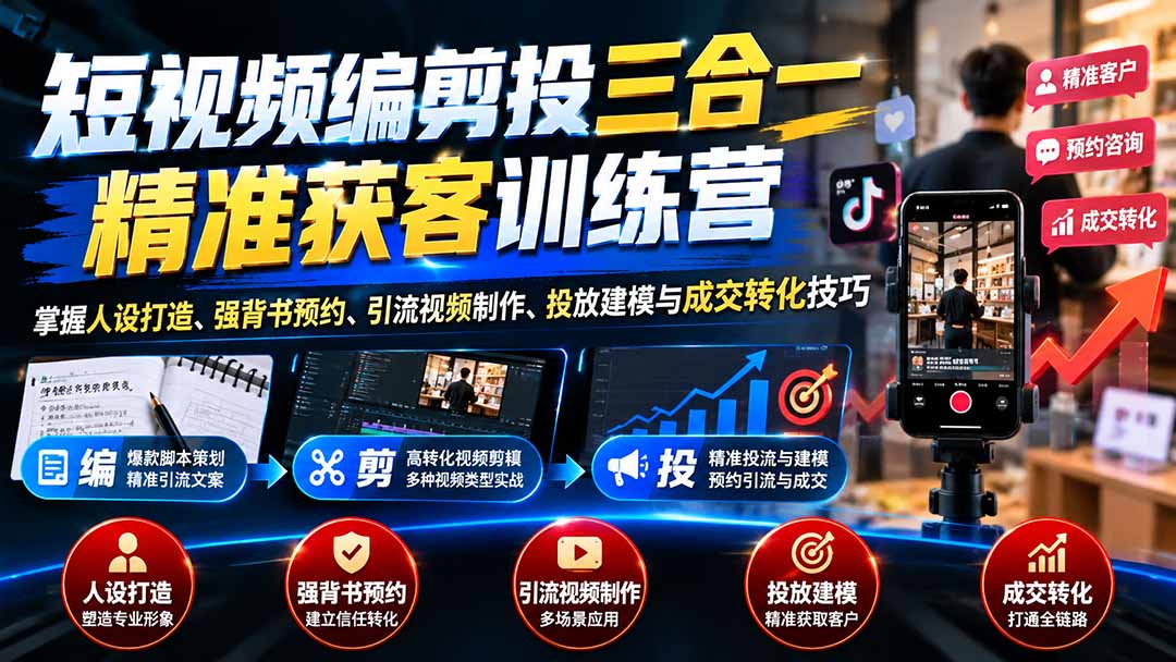 短视频编剪投三合一精准获客训练营：掌握人设打造、强背书预约、引流视频制作、投放建模与成交转化技巧-heixxmi