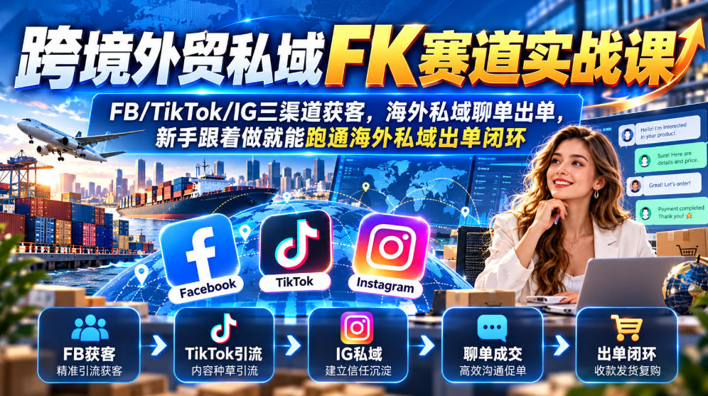 跨境外贸私域FK赛道实战课｜FB/TikTok/IG三渠道获客，海外私域聊单出单，新手跟着做就能跑通海外私域出单闭环-heixxmi