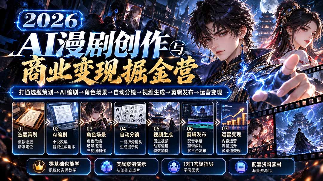 【无水印】2026AI漫剧创作与商业变现掘金营：打通选题→AI编剧→角色场景→自动分镜→视频生成→剪辑发布→运营变现-heixxmi