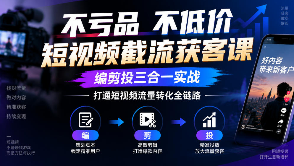 不亏品不低价短视频截流获客课，编剪投三合一实战，打通短视频流量转化全链路-heixxmi