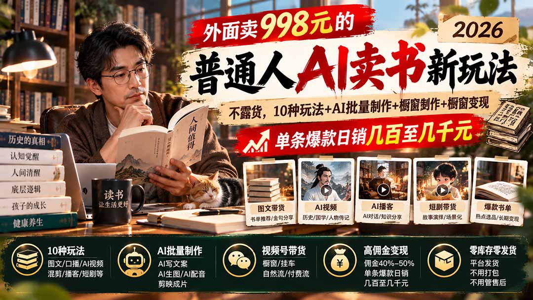 外面卖998元的2026普通人AI卖书新玩法：不露脸、不囤货，10种玩法+AI批量制作+橱窗变现，单条爆款日销几百至几千元-heixxmi
