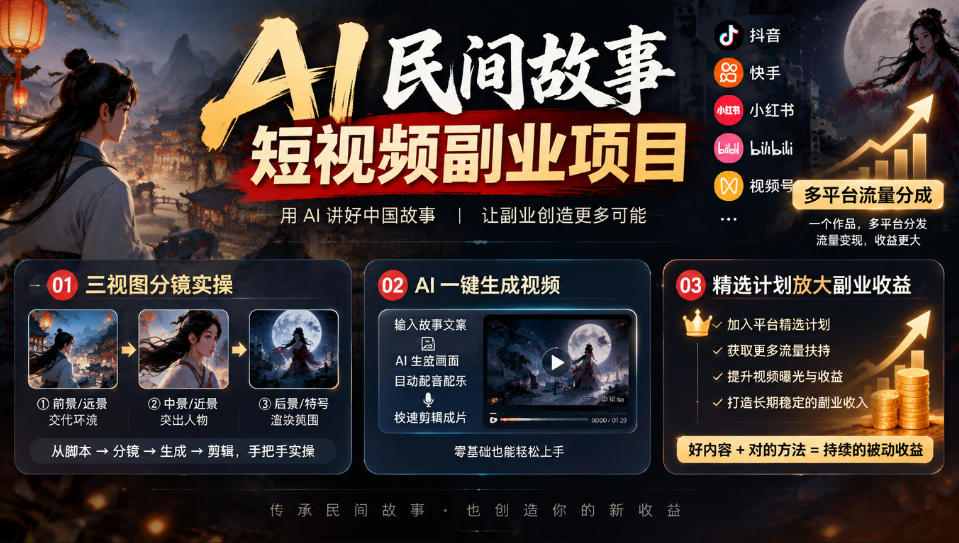 AI民间故事短视频副业项目，多平台流量分成，三视图分镜实操，精选计划放大副业收益-heixxmi