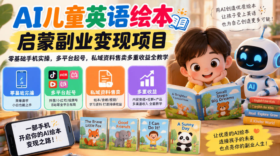 AI儿童英语绘本启蒙副业变现项目，零基础手机实操，多平台起号，私域资料售卖多重收益全教学-heixxmi