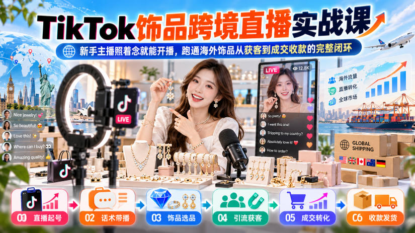 TikTok饰品跨境直播实战课，新手主播照着念就能开播，跑通海外饰品从获客到成交收款的完整闭环-heixxmi