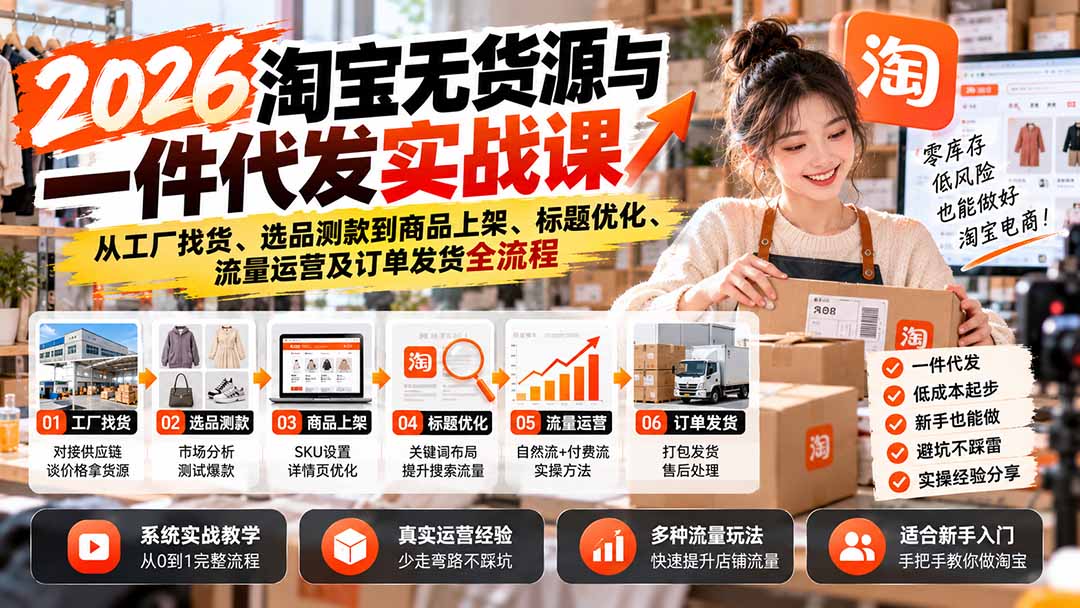 2026淘宝无货源与一件代发实战课：从工厂找货、选品测款到商品上架、标题优化、流量运营及订单发货全流程-heixxmi