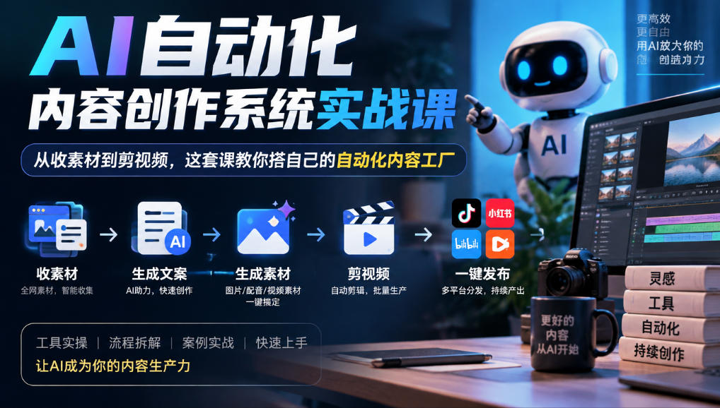 AI自动化内容创作系统实战课，从收素材到剪视频，这套课教你搭自己的自动化内容工厂-heixxmi