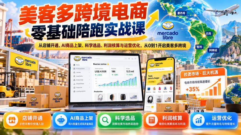 美客多跨境电商零基础陪跑实战课：从店铺开通、AI商品上架、科学选品、利润核算与运营优化，从0到1开启美客多跨境-heixxmi