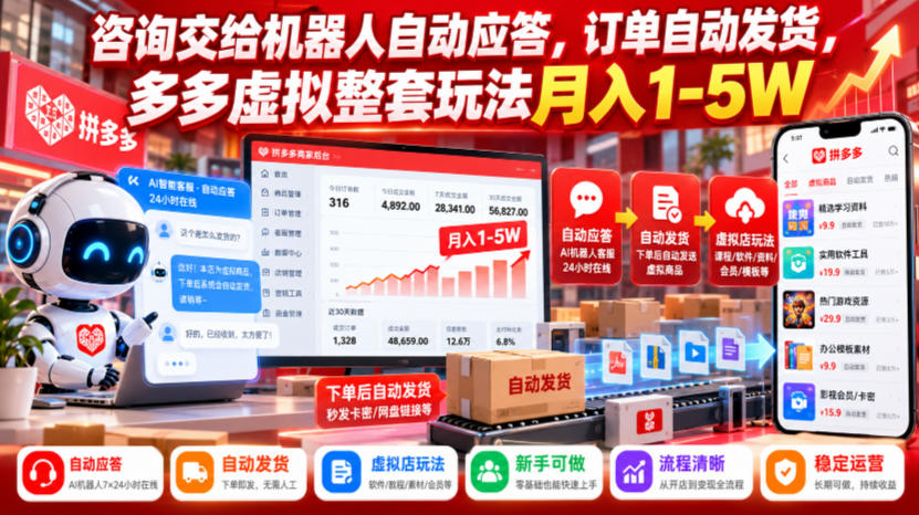 咨询交给机器人自动应答，订单自动发货，多多虚拟整套玩法月入1-5W【揭秘】-heixxmi