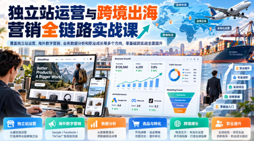 独立站运营与跨境出海营销全链路实战课，覆盖独立站运营、海外数字营销、业务数据分析和职业成长等多个方向，零基础到实战全面提升-heixxmi