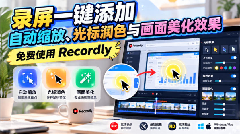 录屏一键添加自动缩放、光标润色与画面美化效果，免费使用Recordly-heixxmi