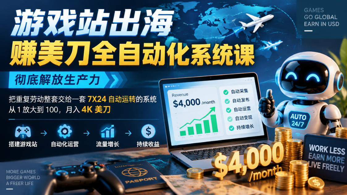 游戏站出海賺美刀全自动化系统课，彻底解放生产力--把重复劳动整套交给一套7X24自动运转的系统，从1放大到100，月入4K美刀-heixxmi