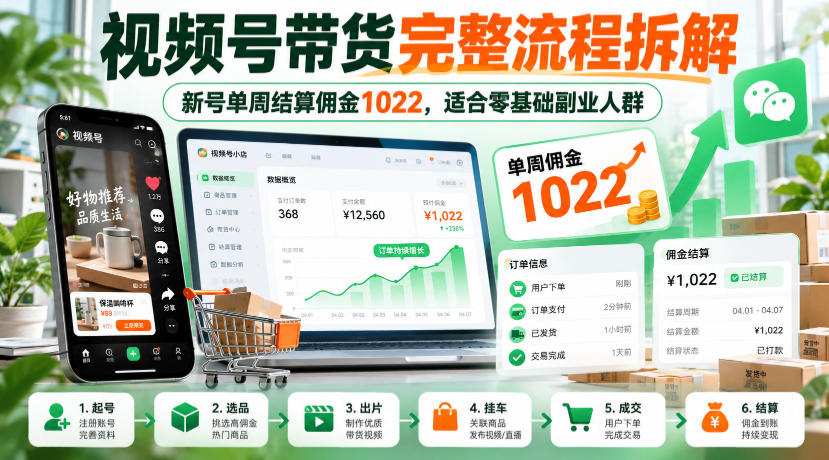 视频号带货完整流程拆解，新号单周结算佣金1022，适合零基础副业人群-heixxmi