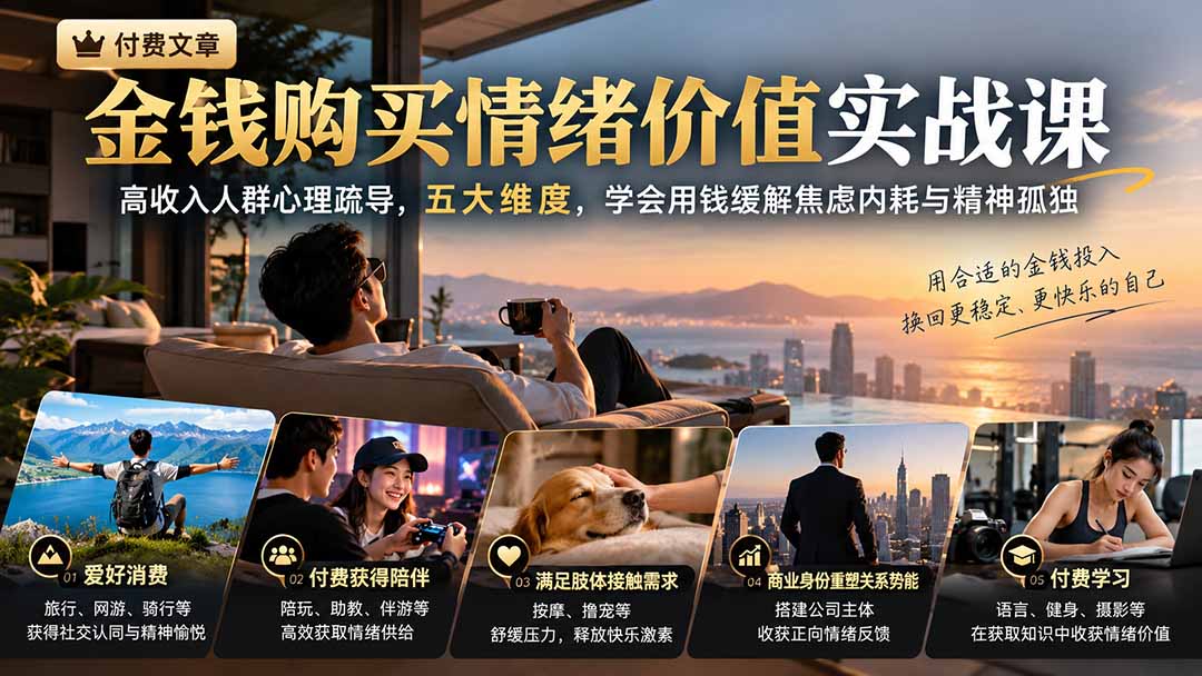 付费文章：金钱购买情绪价值实战课｜高收入人群心理疏导，五大维度，学会用钱缓解焦虑内耗与精神孤独-heixxmi