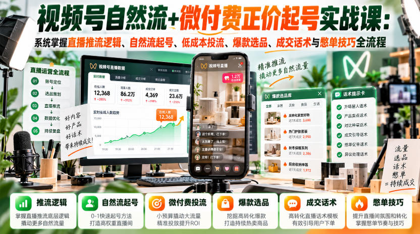 视频号自然流+微付费正价起号实战课：系统掌握直播推流逻辑、自然流起号、低成本投流、爆款选品、成交话术与憋单技巧全流程-heixxmi