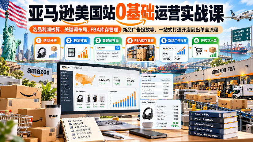 亚马逊美国站0基础运营实战课｜选品利润核算、关键词布局、FBA库存管理、新品广告投放等，一站式打通开店到出单全流程-heixxmi