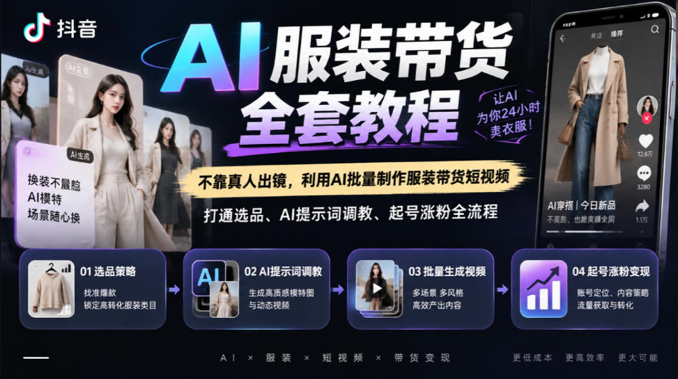 抖音AI服装带货全套教程，不靠真人出镜，利用AI批量制作服装带货短视频，打通选品、AI提示词调教、起号涨粉全流程-heixxmi
