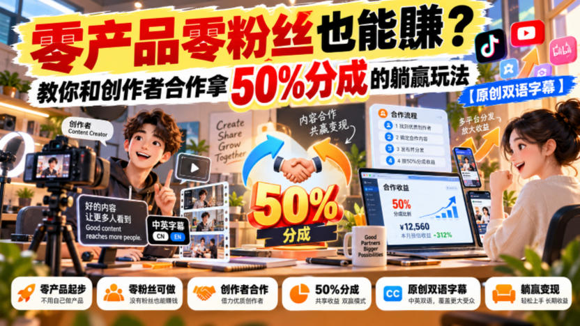 【无水印】零产品零粉丝也能賺？教你和创作者合作拿50%分成的躺赢玩法【原创双语字幕】-heixxmi