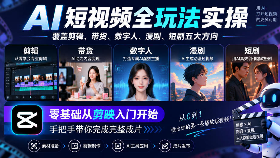 AI短视频全玩法实操，覆盖剪辑、带货、数字人、漫剧、短剧五大方向，零基础从剪映入门开始，手把手带你完成完整成片-heixxmi