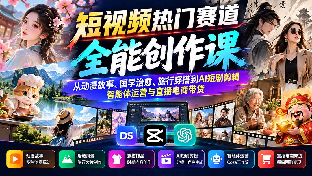 短视频热门赛道全能创作课：从动漫故事、国学治愈、旅行穿搭到AI短剧剪辑、智能体运营与直播电商带货-heixxmi