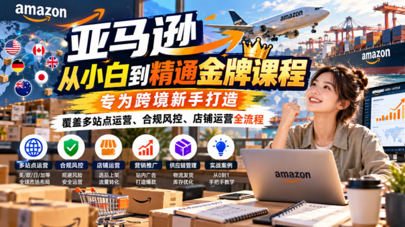亚马逊从小白到精通金牌课程，专为跨境新手打造，覆盖多站点运营、合规风控、店铺运营全流程-heixxmi