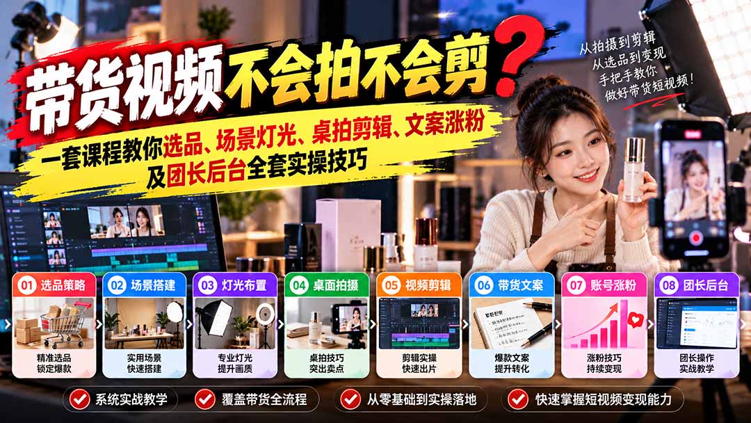 带货视频不会拍不会剪？一套课程教你选品、场景灯光、桌拍剪辑、文案涨粉及团长后台全套实操技巧  复制标题-heixxmi