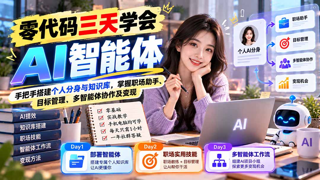 【无水印】零代码三天学会AI智能体：手把手搭建个人分身与知识库，掌握职场助手、目标管理、多智能体协作及变现-heixxmi