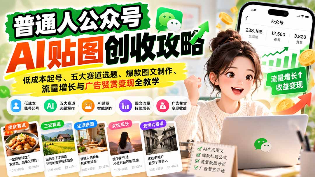 普通人公众号AI贴图创收攻略：低成本起号、五大赛道选题、爆款图文制作、流量增长与广告赞赏变现全教学-heixxmi