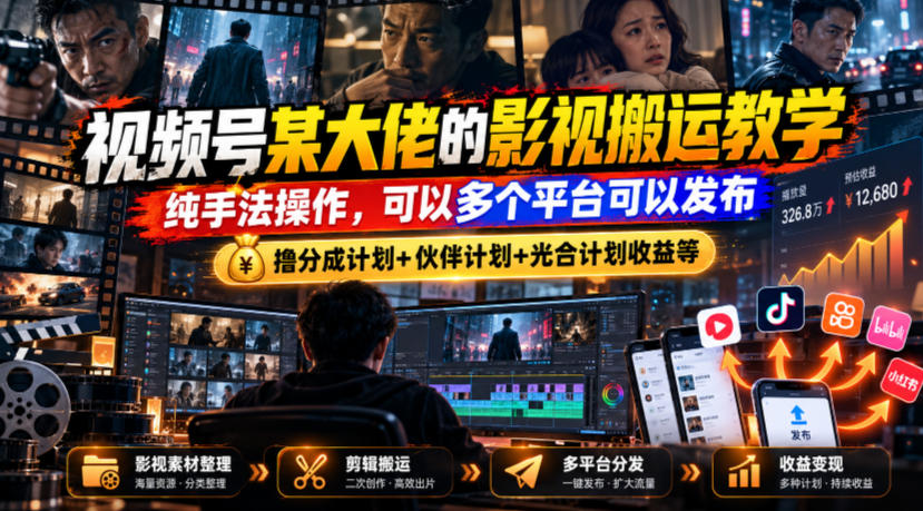 视频号某大佬的影视搬运教学，纯手法操作，可以多个平台可以发布，撸分成计划+伙伴计划+光合计划收益等-heixxmi