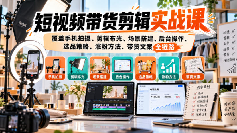 短视频带货剪辑实战课，覆盖手机拍摄、剪辑布光、场景搭建、后台操作、选品策略、涨粉方法、带货文案全链路-heixxmi