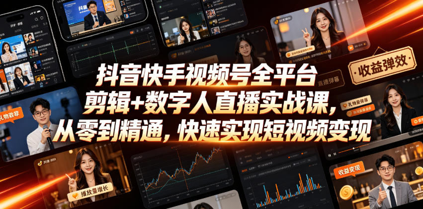 抖音快手视频号全平台剪辑+数字人直播实战课，从零到精通，快速实现短视频变现(更新2026年10月)​-heixxmi
