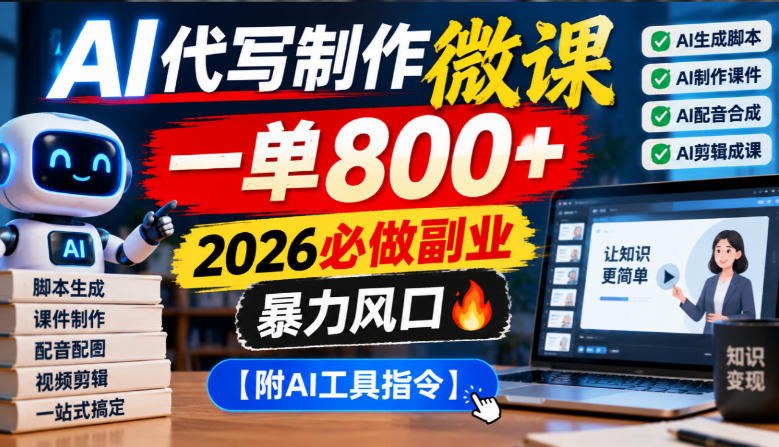 AI代写制作微课,一单800+,2026必做副业,暴力风口【附AI工具指令】【揭秘】
