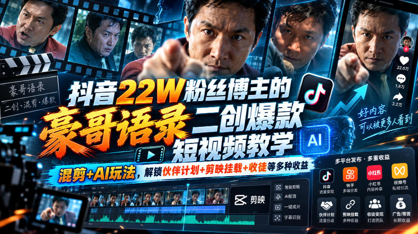 抖音22W粉丝博主的豪哥语录二创爆款短视频教学，混剪+AI玩法，解锁伙伴计划+剪映挂载+收徒等多种收益-heixxmi