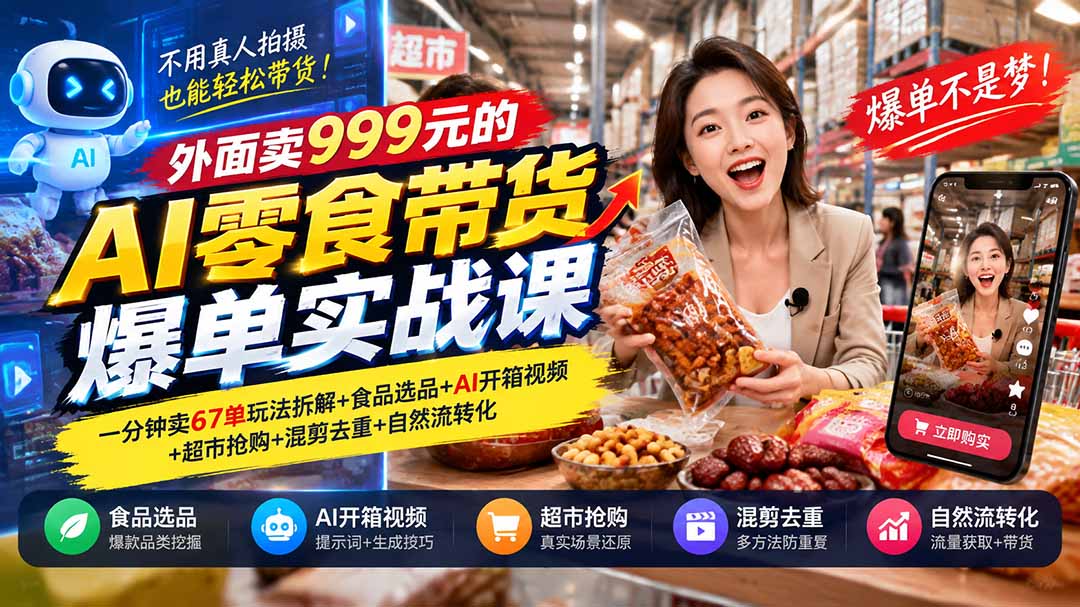 外面卖999元的AI零食带货爆单实战课｜一分钟卖67单玩法拆解+食品选品+AI开箱视频+超市抢购+混剪去重+自然流转化-heixxmi